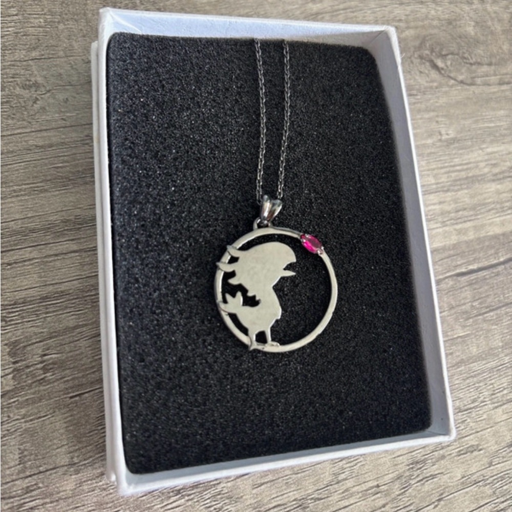 RARE! Square Enix 925 Sterling Silver Chocobo Necklace, Garnet Stone